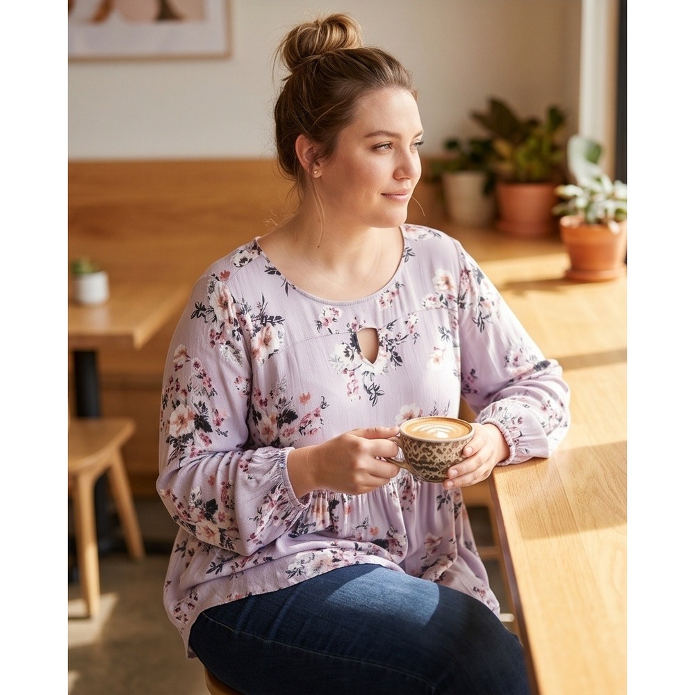 Torrid 2 Lavender Floral Keyhole Babydoll Blouse Plus Rayon Long Sleeve 2X